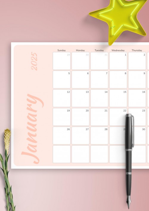 Colored Pink January 2025 Calendar