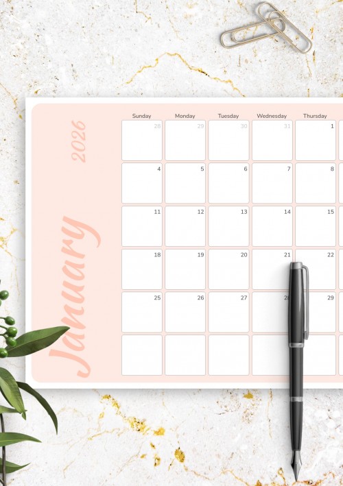 January 2026 Colored Pink Monthly Calendar