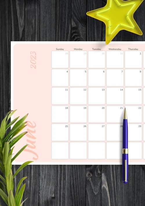 Colored Pink June 2023 Calendar