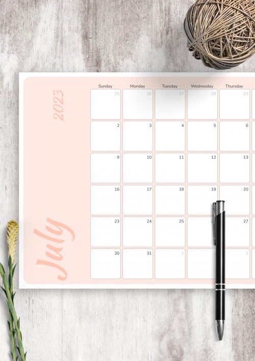 Colored Pink July 2023 Calendar