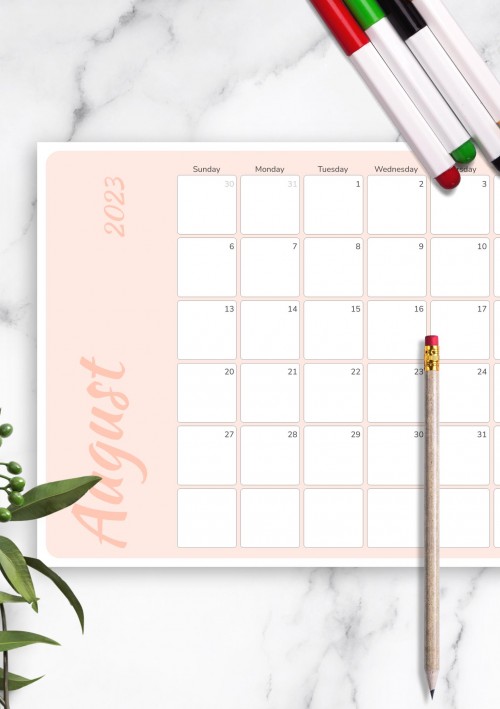 Colored Pink August 2023 Calendar