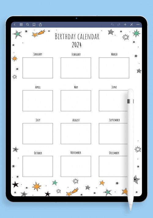Colored Stars Birthday Calendar Template for iPad & Android