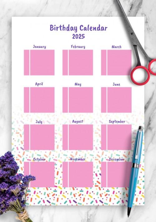 2025 Colorful Confetti Birthday Calendar