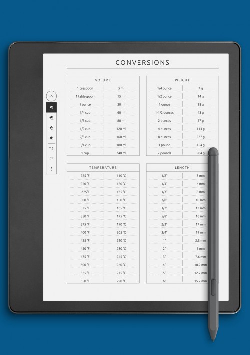 Conversions Table Template for Kindle Scribe