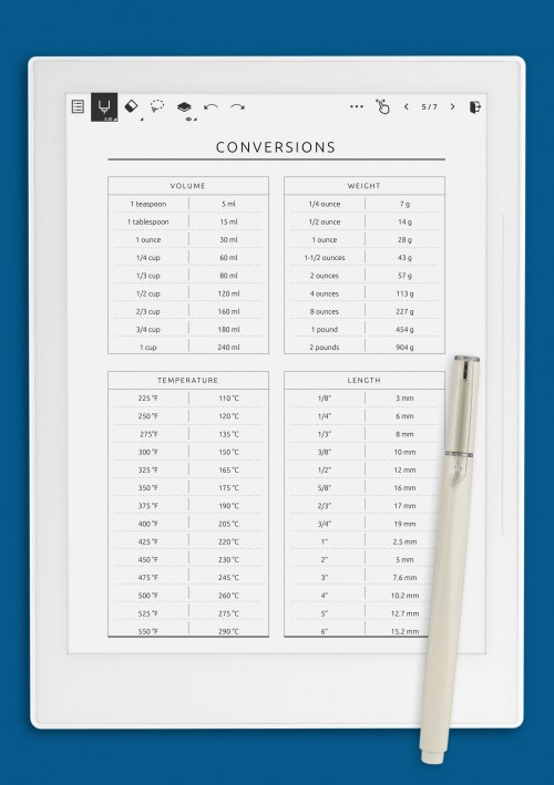 Conversions Table Template for Supernote