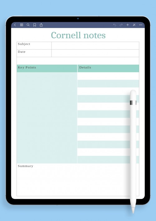 Cornell Notes Template for iPad Blue Background 