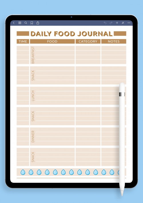 Daily food journal template for iPad & Android