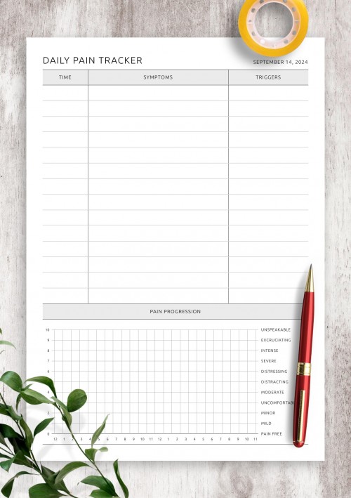 Daily Pain Tracker Template for September 2024