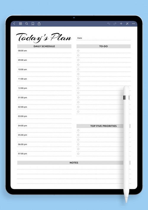 Daily Template with Hourly Schedule, to-do list - AM/PM for GoodNotes