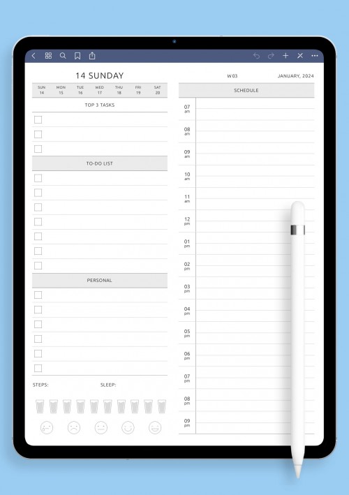 Daily Planner Template with Mood and Water Tracker for Notability