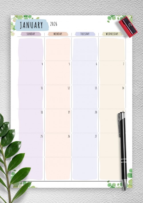 January 2026 Dated Monthly Calendar - Floral Style