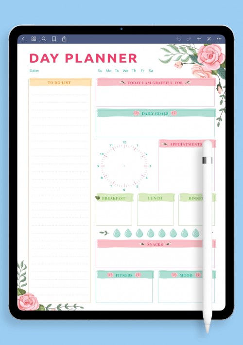 GoodNotes Day Planner Еemplate with Blossom Roses Pattern