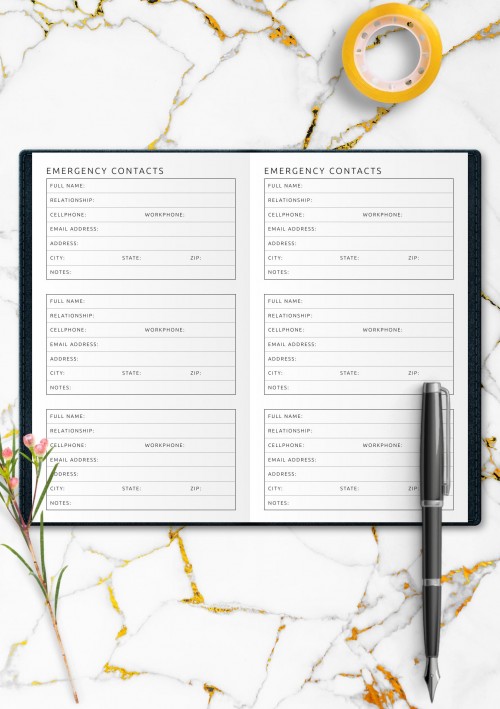 Emergency Contacts Template for Travelers Notebook