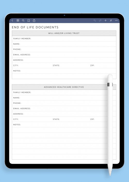 End of Life Documents Template for iPad & Android