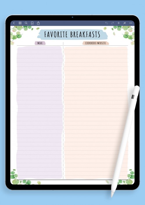 Notability Favorite Recipes List - Floral Style Template