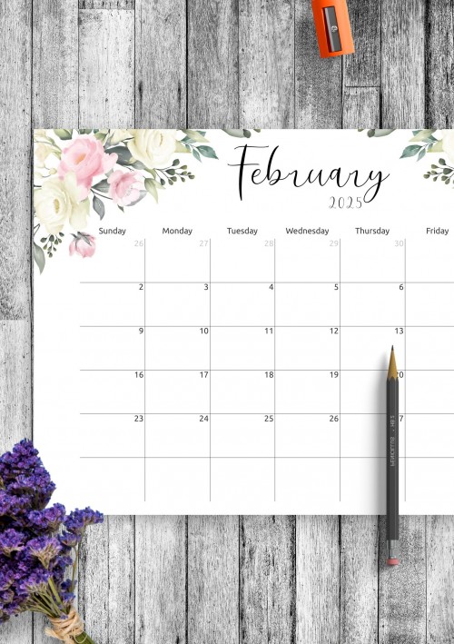 Floral Design February 2025 Calendar