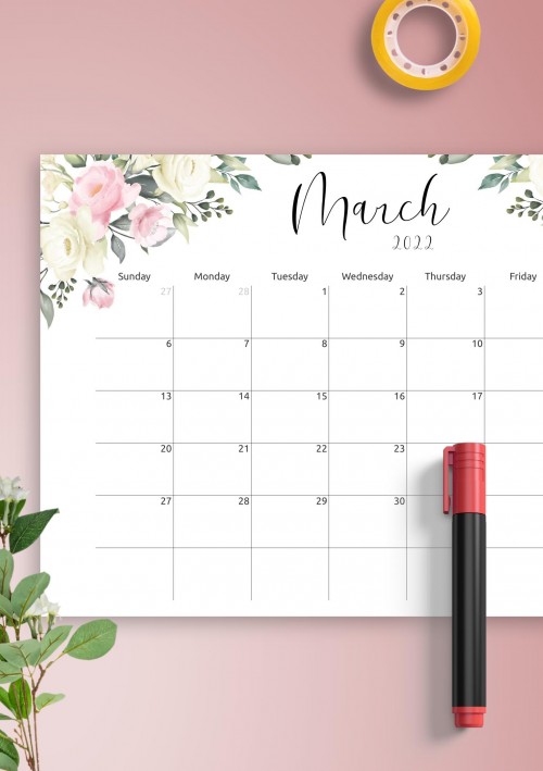 Floral Design March 2022 Calendar