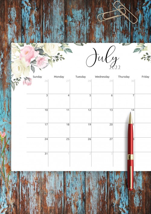 Floral Design July 2022 Calendar