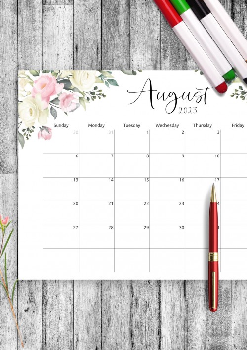 Floral Design August 2023 Calendar