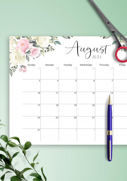 Floral Design August 2025 Calendar