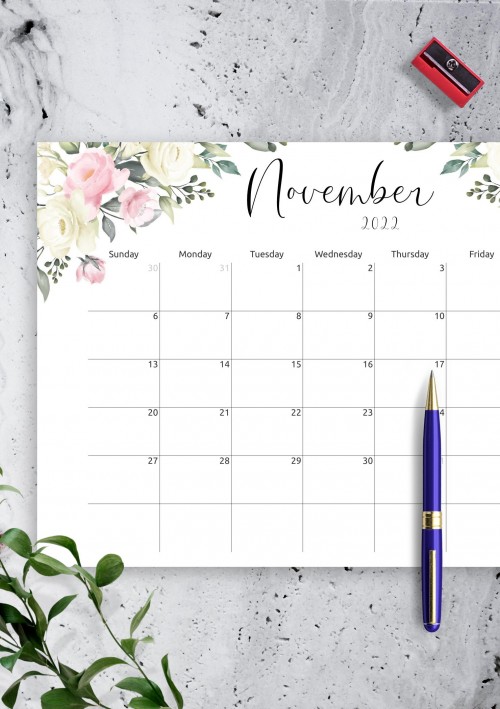 Floral Design November 2022 Calendar