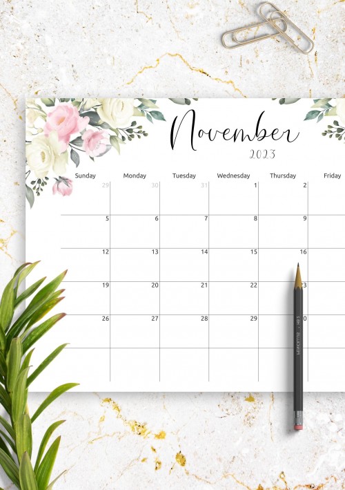 Floral Design November 2023 Calendar