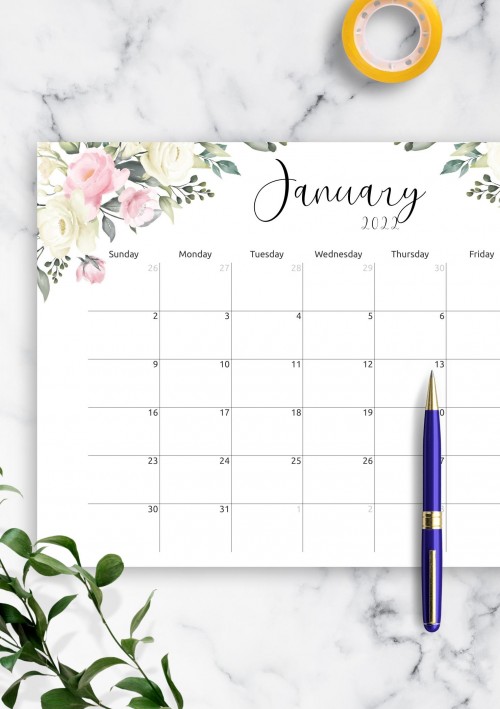 Floral Design January 2022 Calendar