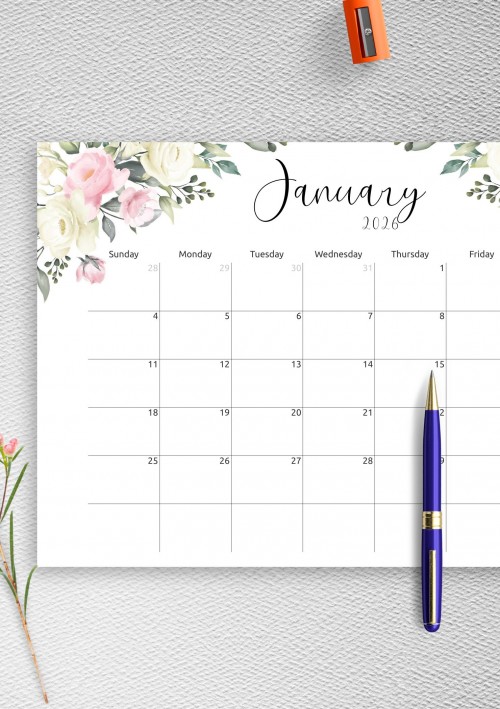 January 2026 Floral Design Monthly Calendar