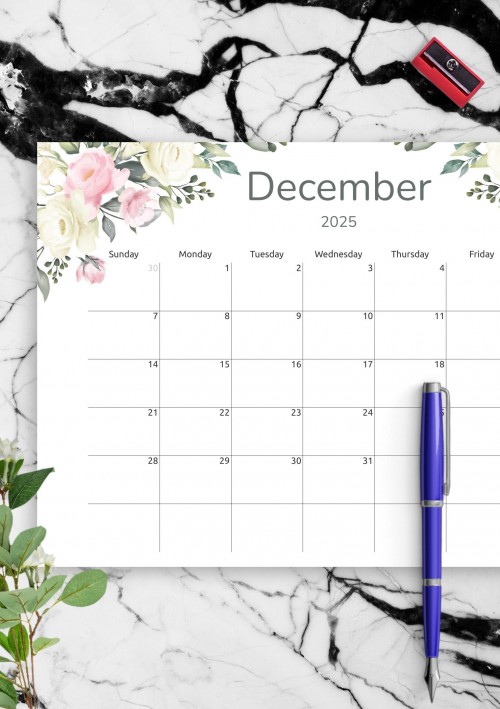 Floral December 2025 Calendar