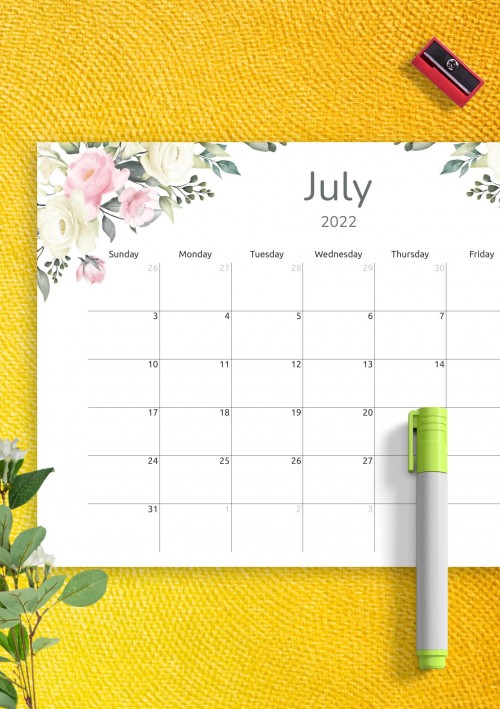 Floral July 2022 Calendar