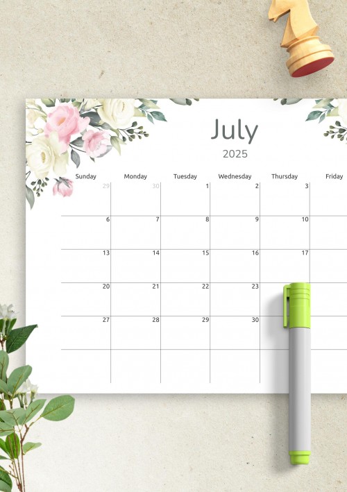 Floral July 2025 Calendar