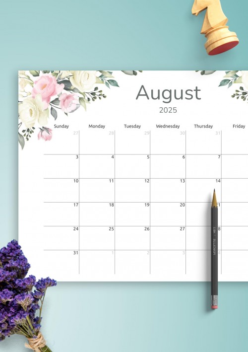 Floral August 2025 Calendar