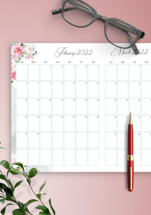 Floral Two Months February 2022 Calendar