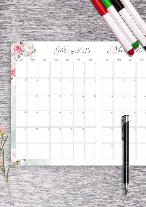 Floral Two Months February 2025 Calendar
