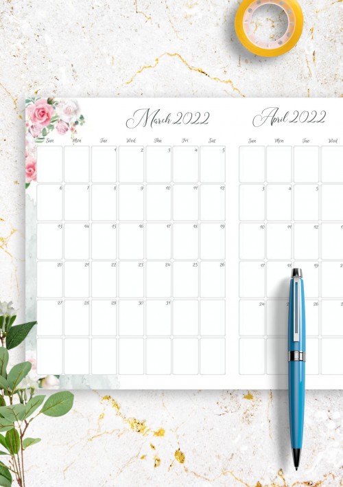 Floral Two Months March 2022 Calendar