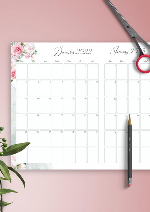 Floral Two Months December 2022 Calendar