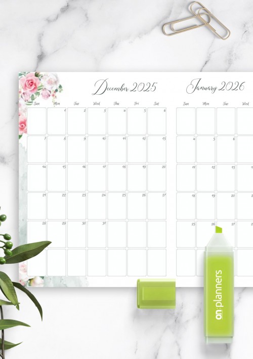 Floral Two Months December 2025 Calendar