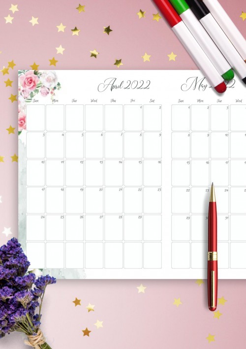 Floral Two Months April 2022 Calendar