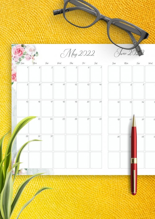 Floral Two Months May 2022 Calendar