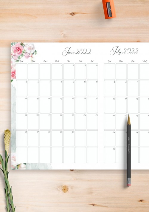 Floral Two Months June 2022 Calendar