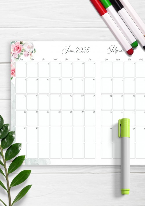 Floral Two Months June 2025 Calendar