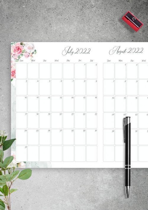 Floral Two Months July 2022 Calendar