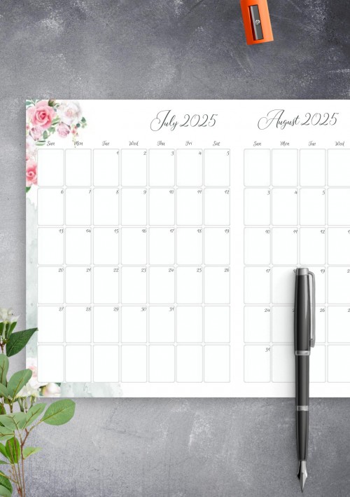 Floral Two Months July 2025 Calendar