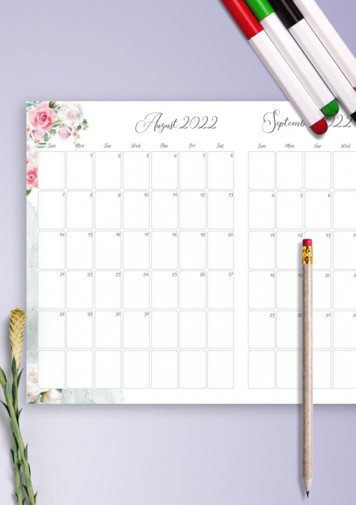 Floral Two Months August 2022 Calendar