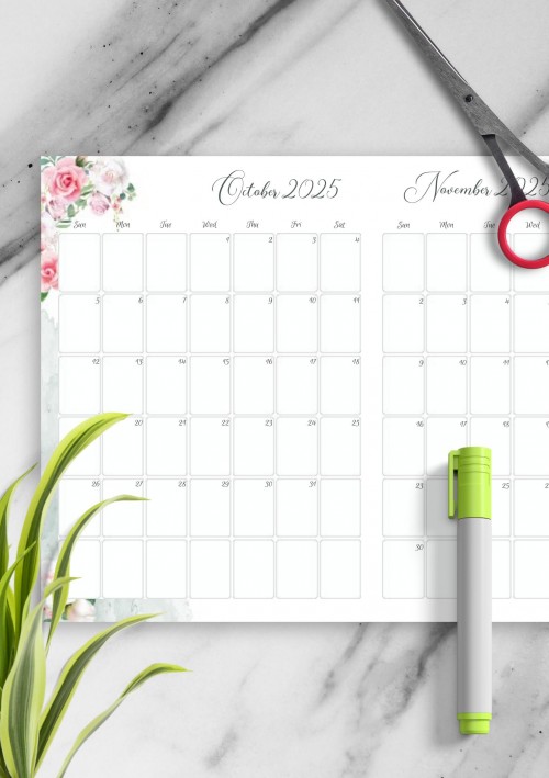 Floral Two Months October 2025 Calendar