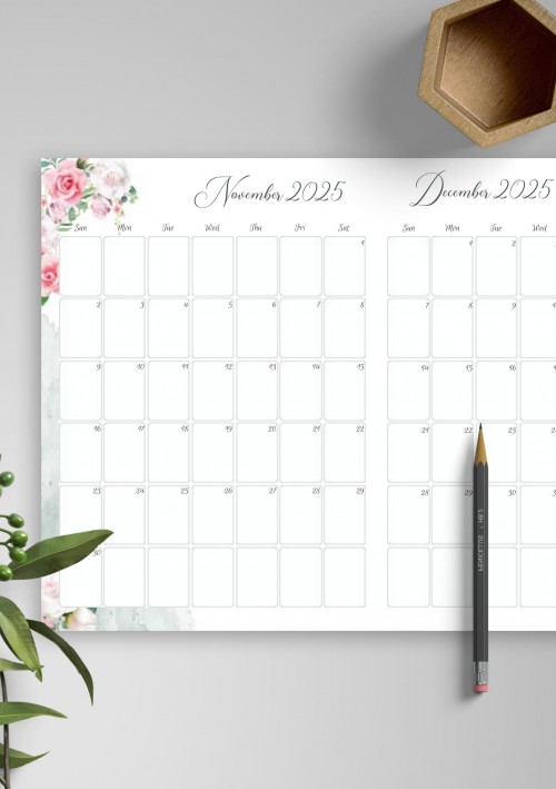 Floral Two Months November 2025 Calendar
