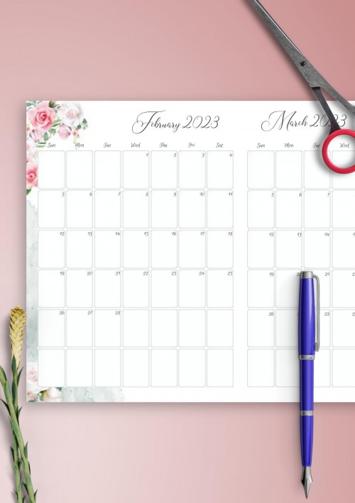 Floral Two Months February 2023 Calendar