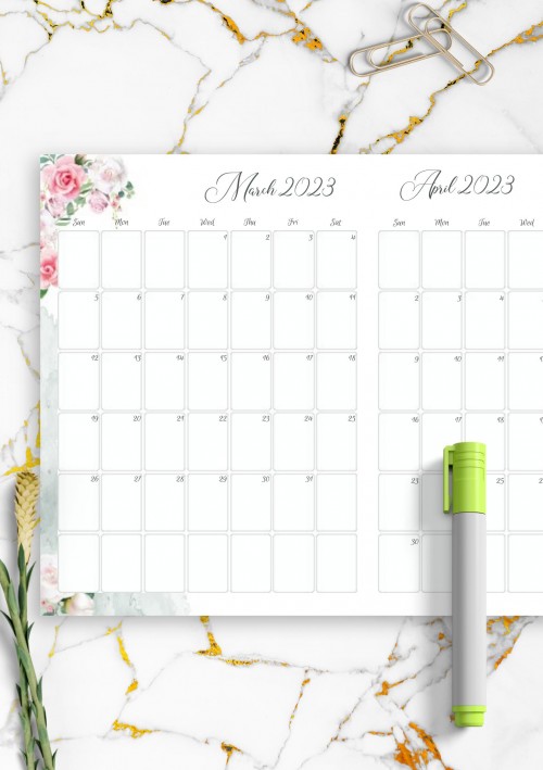 Floral Two Months March 2023 Calendar