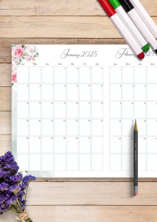 Floral Two Months January 2025 Calendar