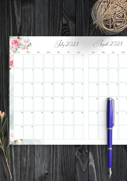 Floral Two Months July 2021 Calendar